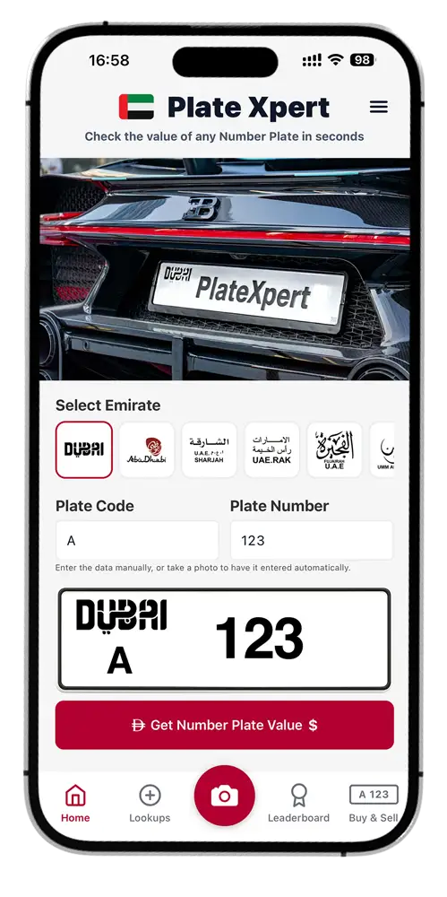 PlateXpert app showing a Dubai number plate price check and value estimate