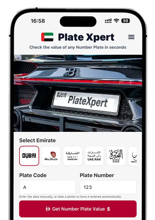 PlateXpert app showing a Dubai number plate price check and value estimate